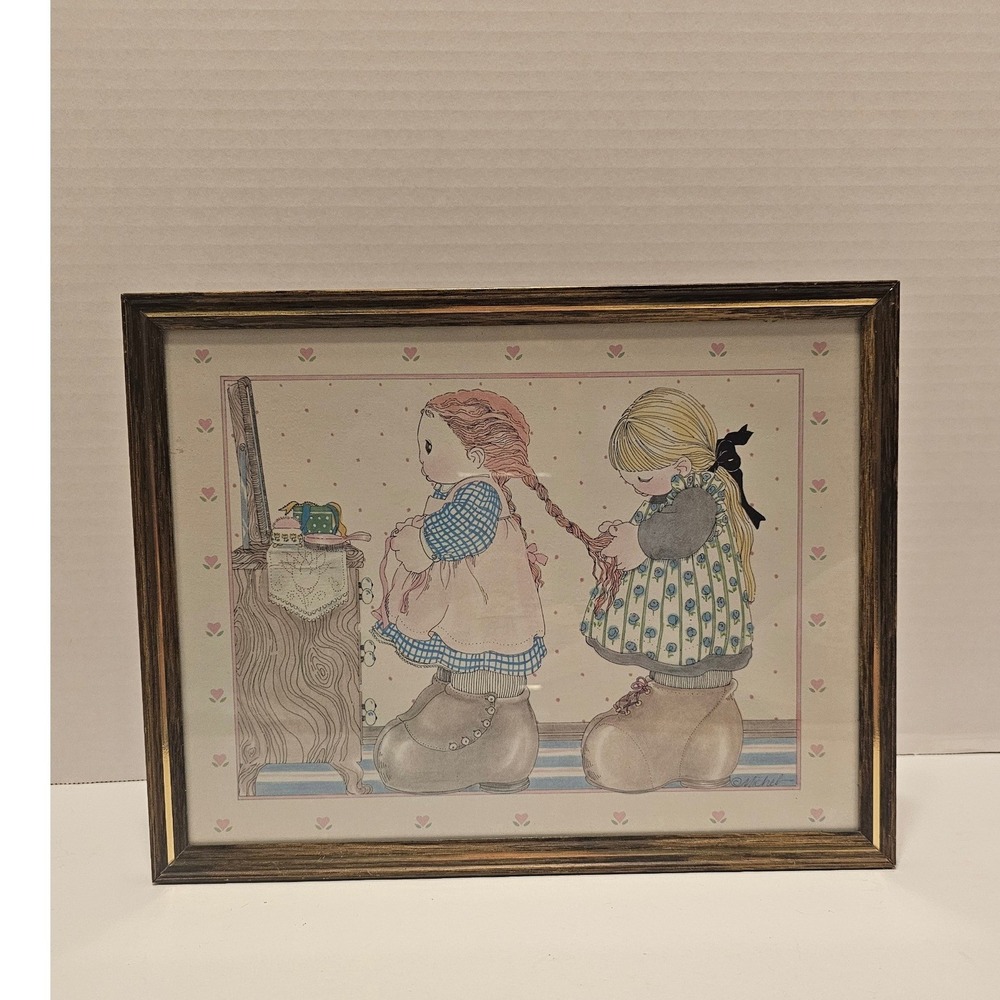 Vntg 80s Michel & Co Framed Print Girls Prairie MCM cottagecore Braiding Sisters